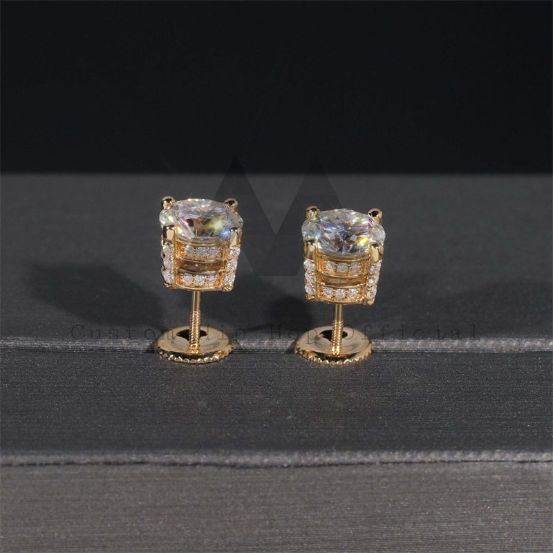 VVS Moissanite 1CT Side Iced Single Stone Studs Earrings Scew Back 10K Real Yellow Gold