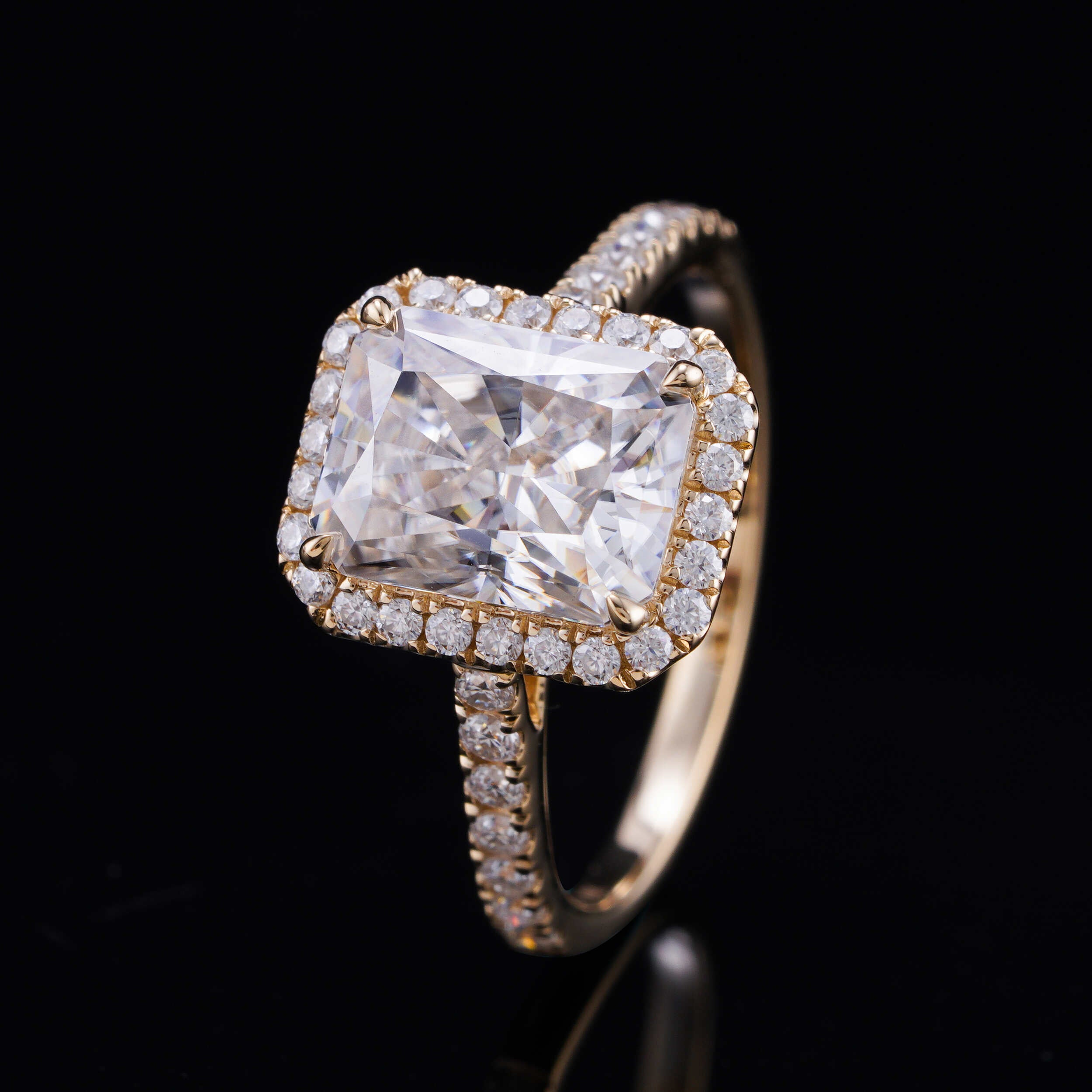 10K 14K 18K Real Yellow Gold 3CT Radiant Cut Moissanite Diamond Halo Style Wedding Ring Jewelry