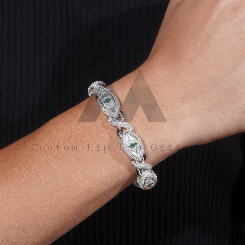 12MM Green Moissanite Evil Eye Link Bracelet For Men Hip Hop Iced Out Solid Silver