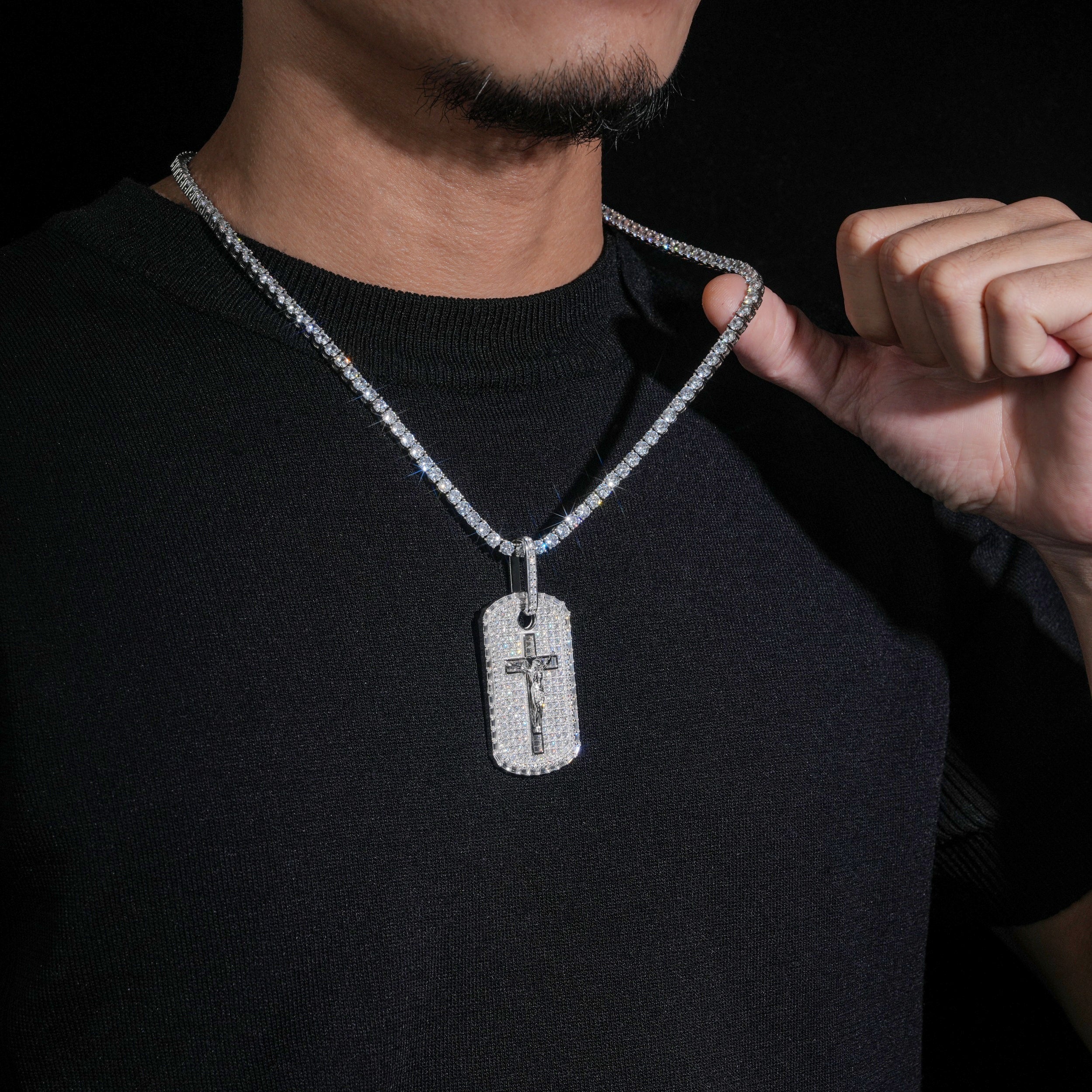 925 Silver Cross Jesus Dog Tag Pendant Moissanite Diamond Men Jewelry