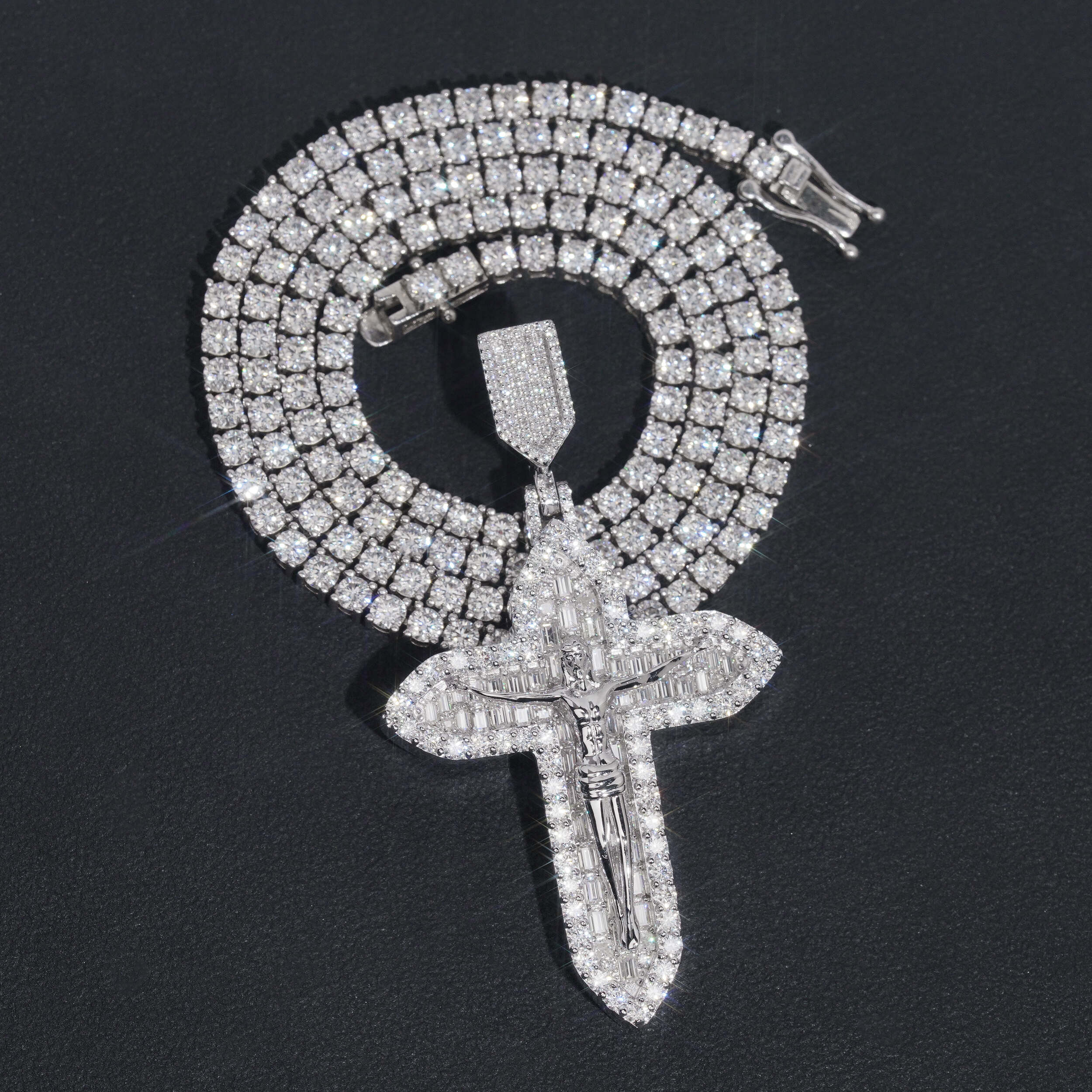 Solid Silver Jesu Cross Moissanite Pendant Match 4MM Tennis Chain