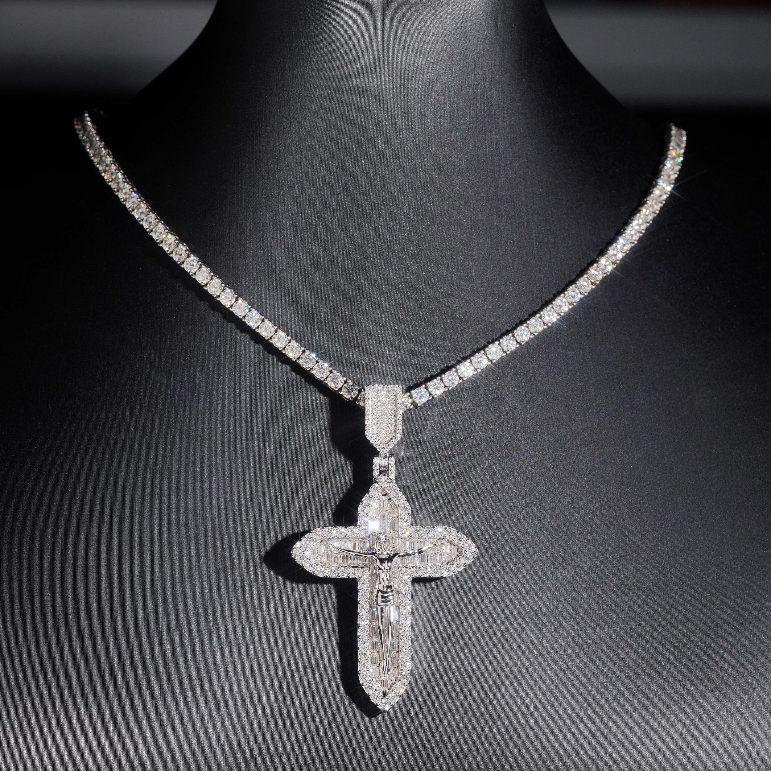 Solid Silver Jesu Cross Moissanite Pendant Match 4MM Tennis Chain