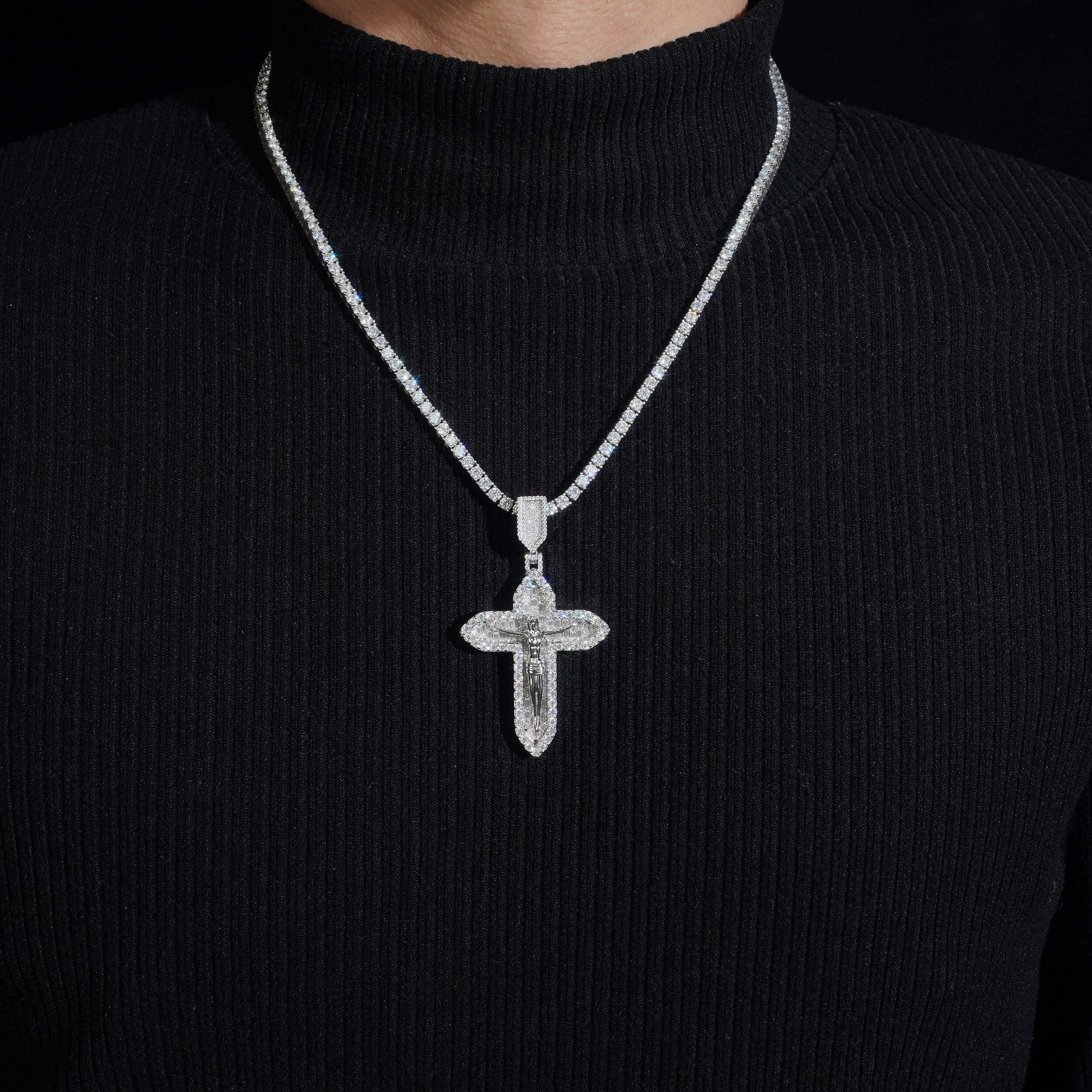 Solid Silver Jesu Cross Moissanite Pendant Match 4MM Tennis Chain