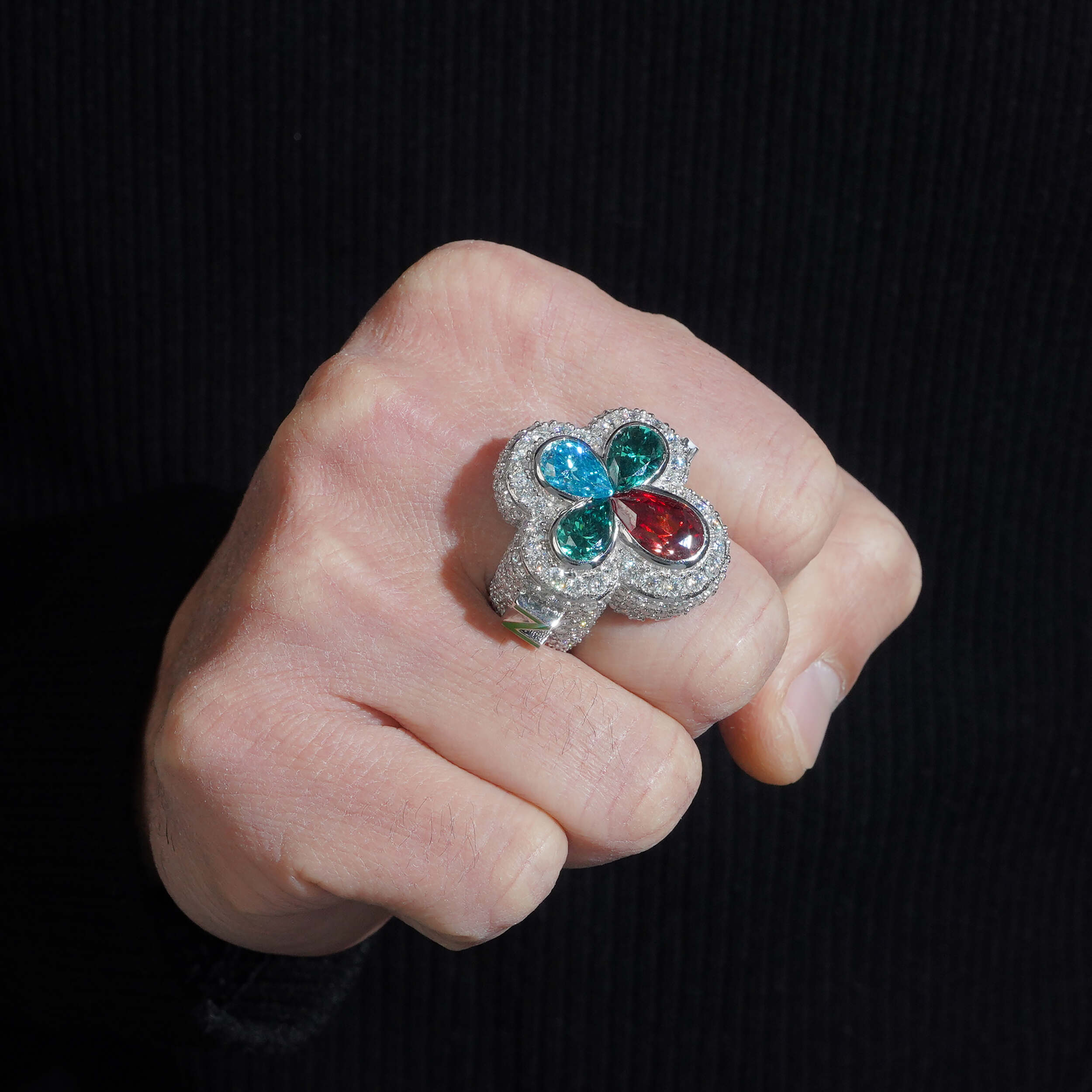 Iced Out Men Jewelry Custom Initial Clover Ring With Color Moissanite