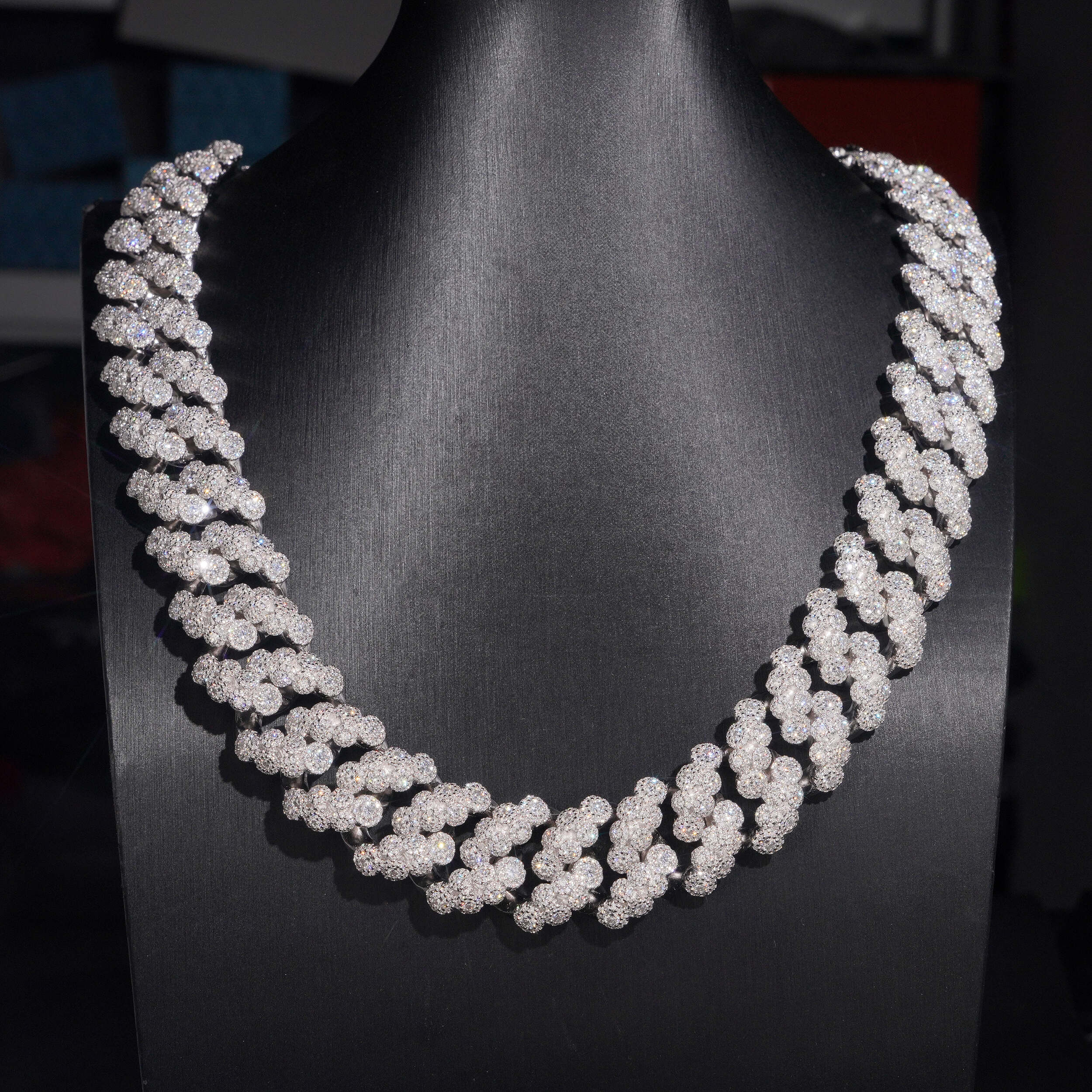 20MM Bezel Setting Cluster Cuban Chain Necklace VVS Moissanite Diamond Hip Hop Jewelry