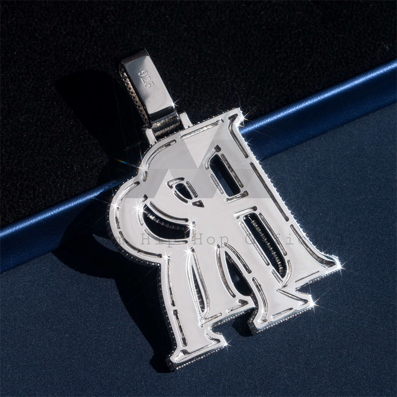 Pingente de nome inicial duplo R personalizado em prata 925 com baguete VVS Moissanite totalmente congelado