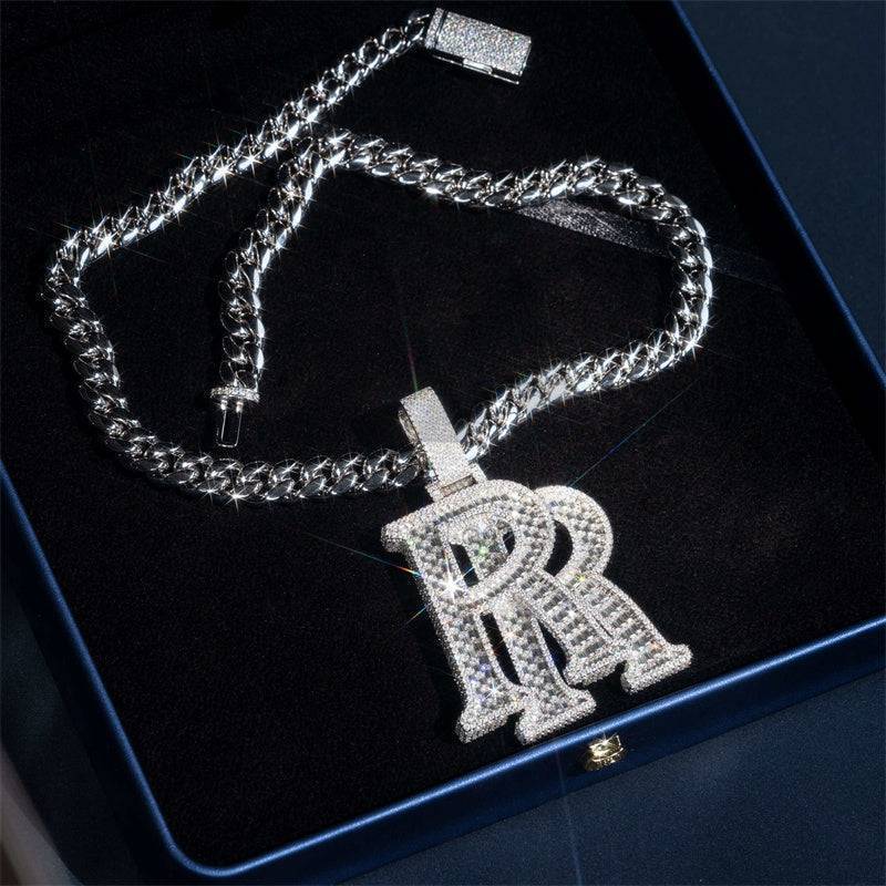 925 Silver Iced Out Custom Double R Initial Name Pendant With VVS Baguette Moissanite Fully Iced