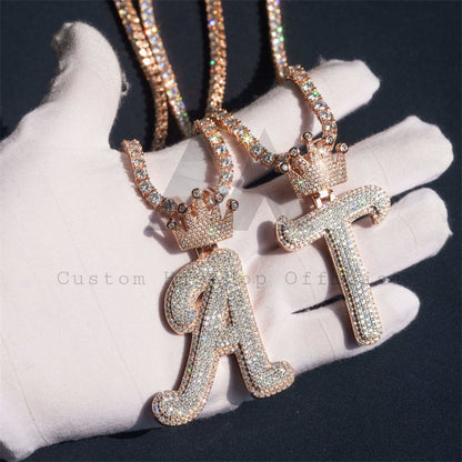 Custom made iced out Moissanite rose gold two initial pendant with crown bail for 4MM tennis chain hip hop jewelry4