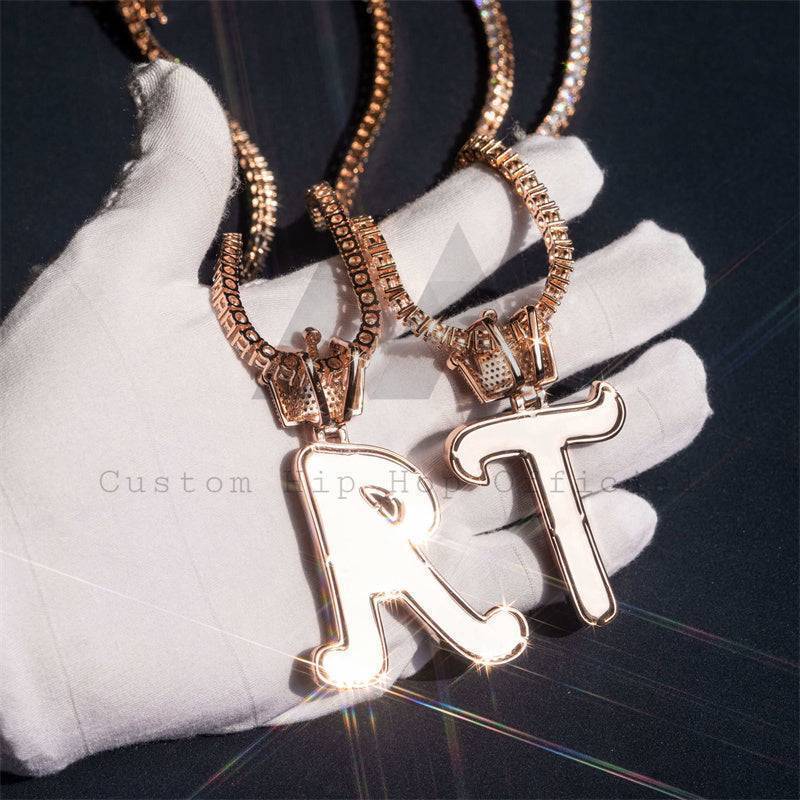 Custom made iced out Moissanite rose gold two initial pendant with crown bail for 4MM tennis chain hip hop jewelry1