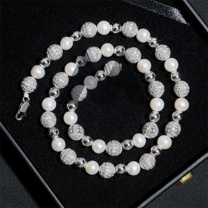 8MM Rose Gold Plated Iced Moissanite Diamond Pearl Necklace5