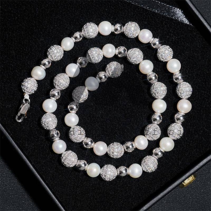 8MM Rose Gold Plated Iced Moissanite Diamond Pearl Necklace