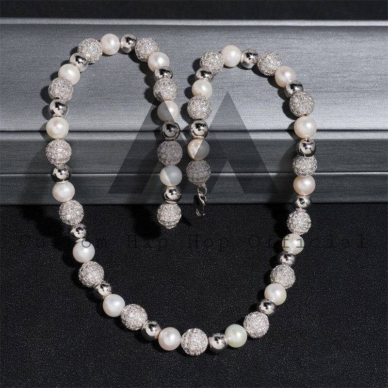 8MM Rose Gold Plated Iced Moissanite Diamond Pearl Necklace