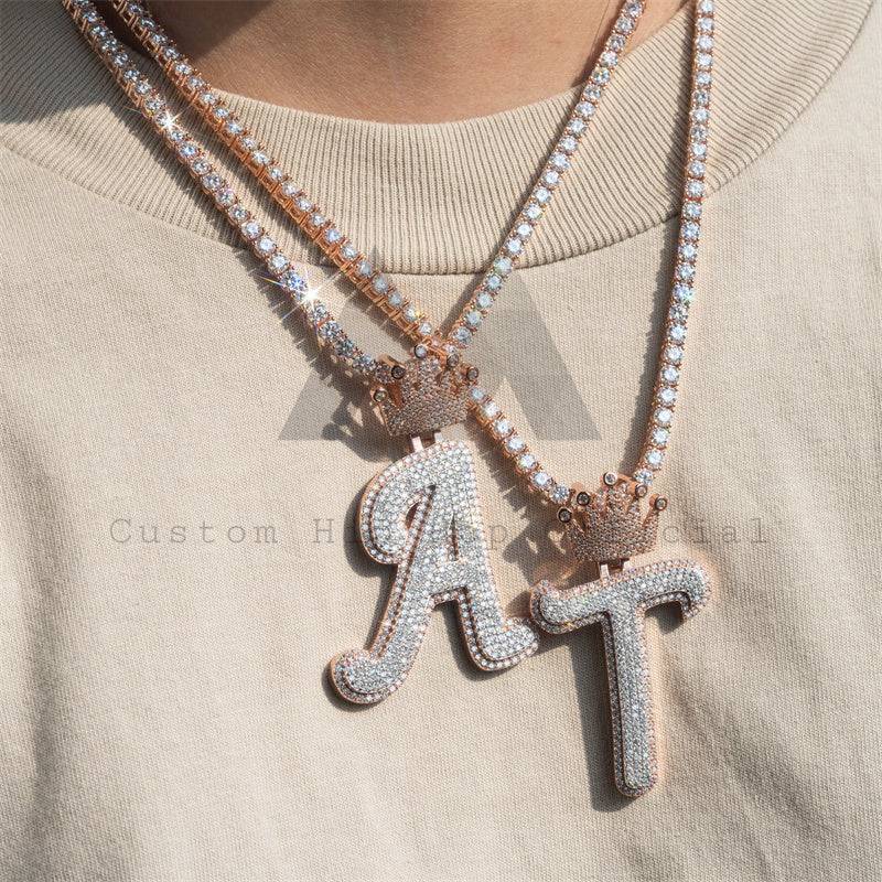 Custom made iced out Moissanite rose gold two initial pendant with crown bail for 4MM tennis chain hip hop jewelry3