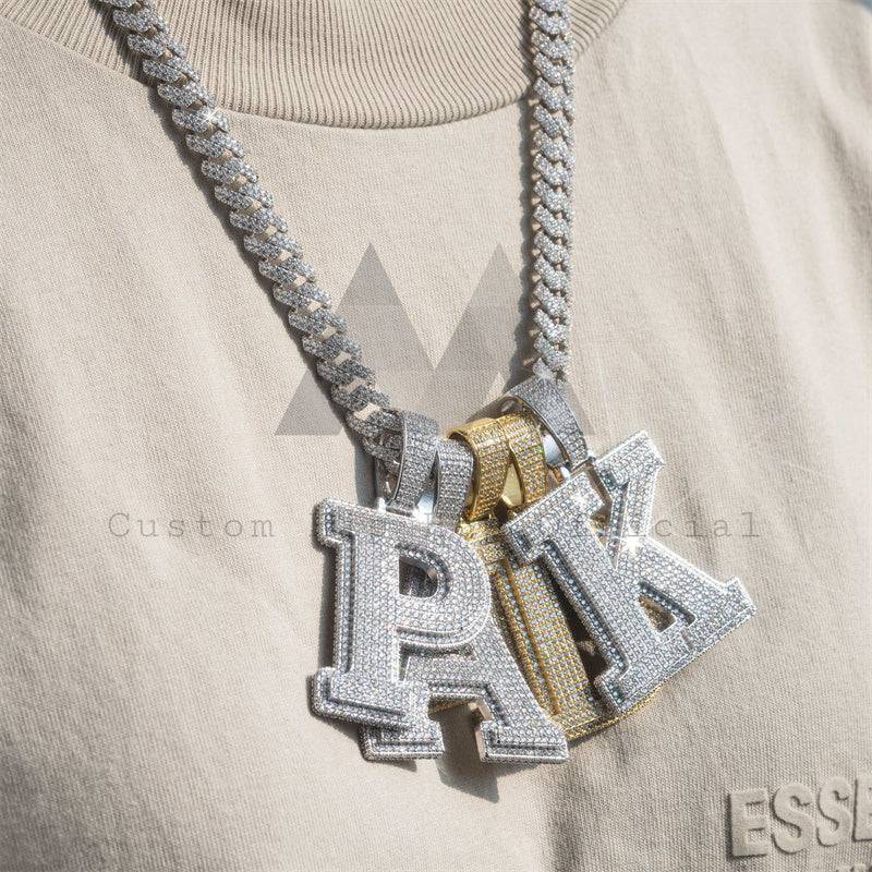 Solid Silver 2.5 inch Tall Custom Iced Out 3D Hip Hop Jewelry with Fully Iced Initial Letter Pendant and Moissanite Diamonds