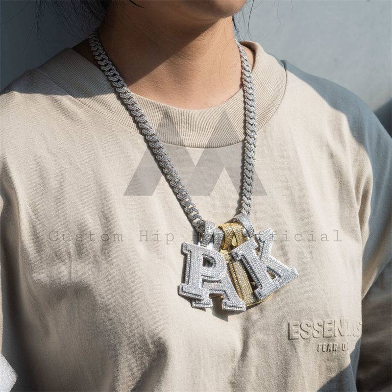 Solid Silver 2.5 inch Tall Custom Iced Out 3D Hip Hop Jewelry with Fully Iced Initial Letter Pendant and Moissanite Diamonds