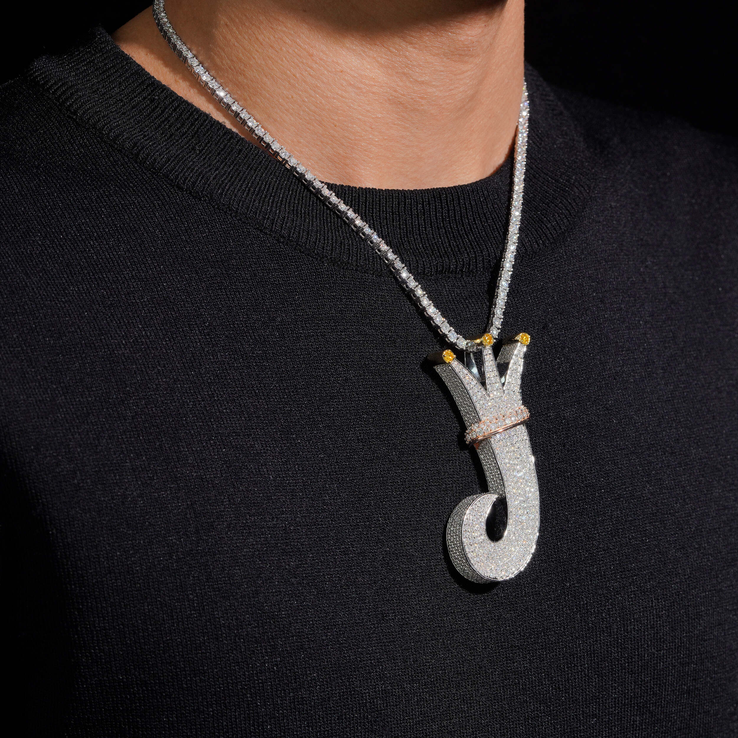 Crown Style Initial Letter J Pendant Moissanite Diamond