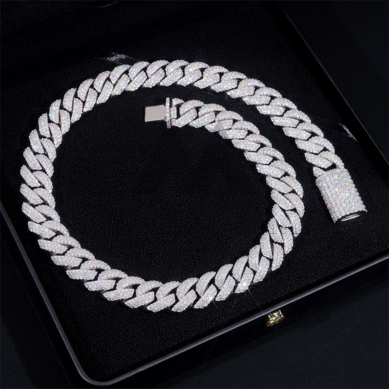 New Arrival Three Rows Iced Out Solid Silver VVS Moissanite Diamond Link Cuban Chain Necklace