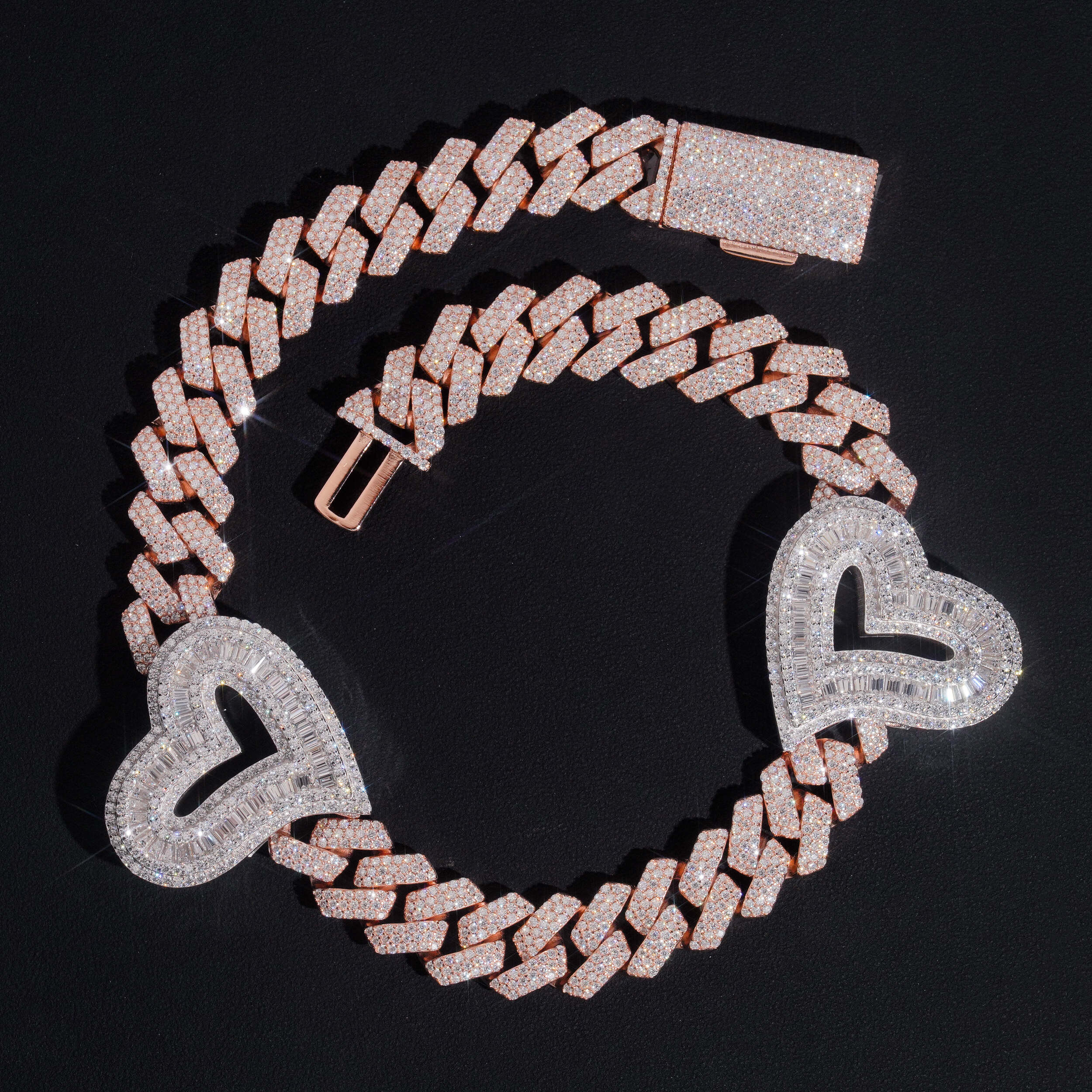 16MM Width Baguette Heart Charm Cuban Link Necklace VVS Moissanite Diamond