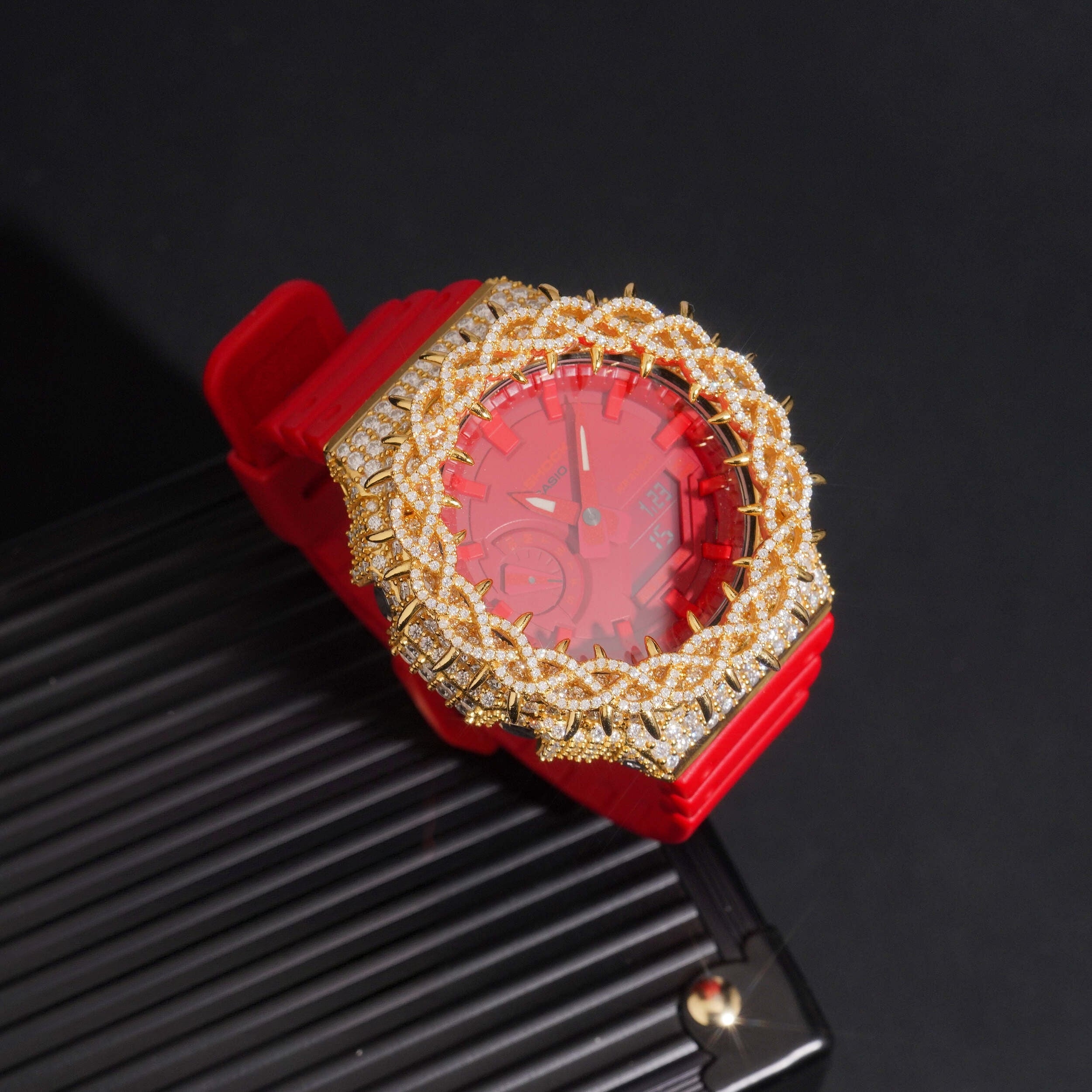 Red Strap GA2100 Gold Moissanite G Shock Watch
