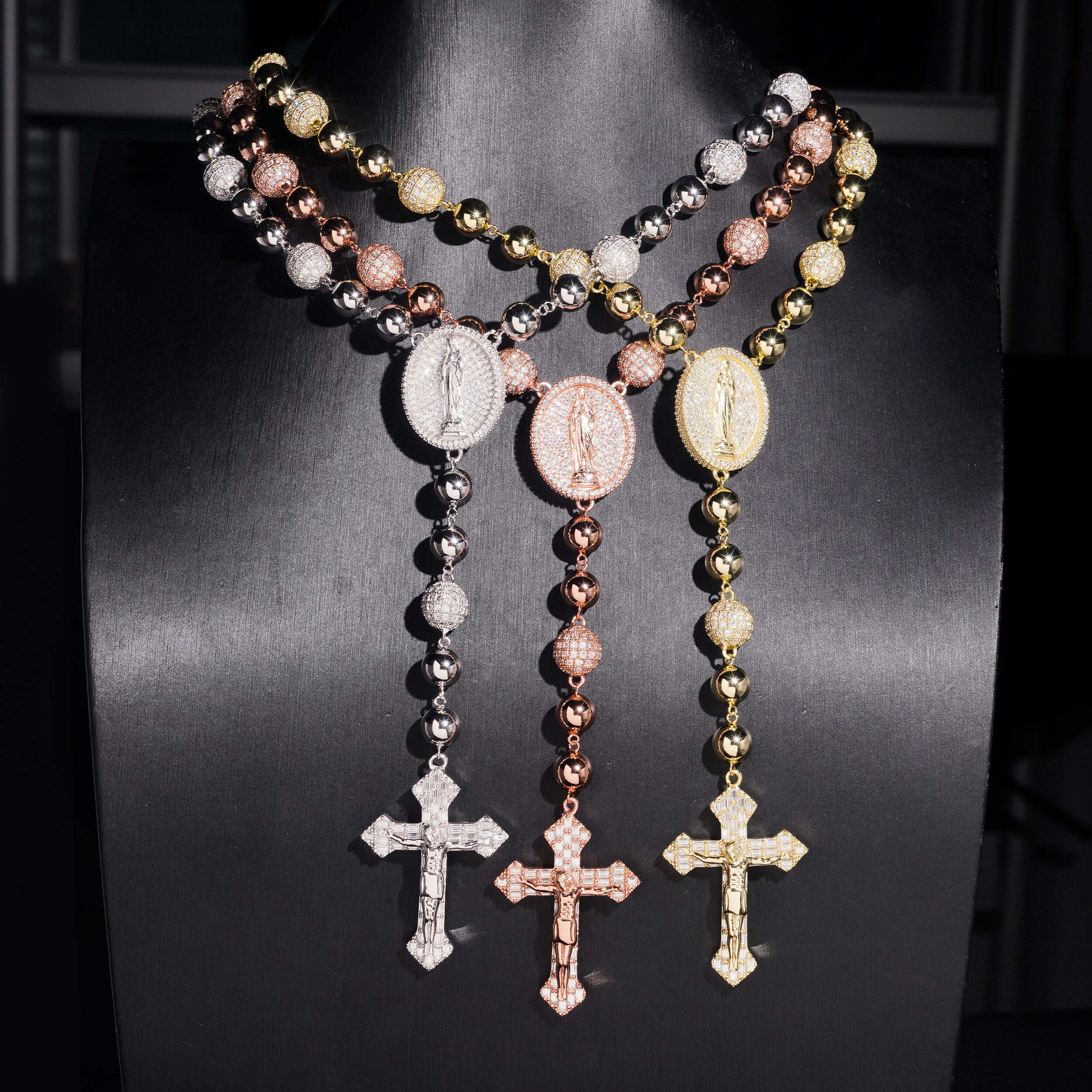 9MM Iced Out Moissanite Diamond Rosary Ball Necklce With Maria Jesus Charm