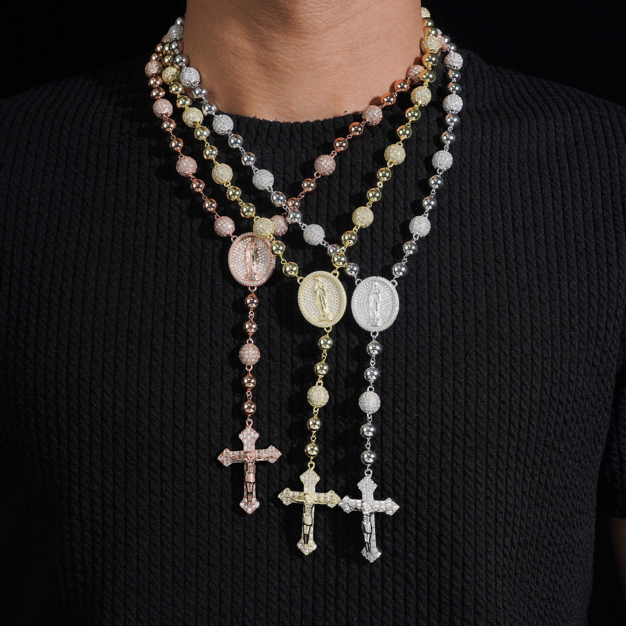 9MM Iced Out Moissanite Diamond Rosary Ball Necklce With Maria Jesus Charm