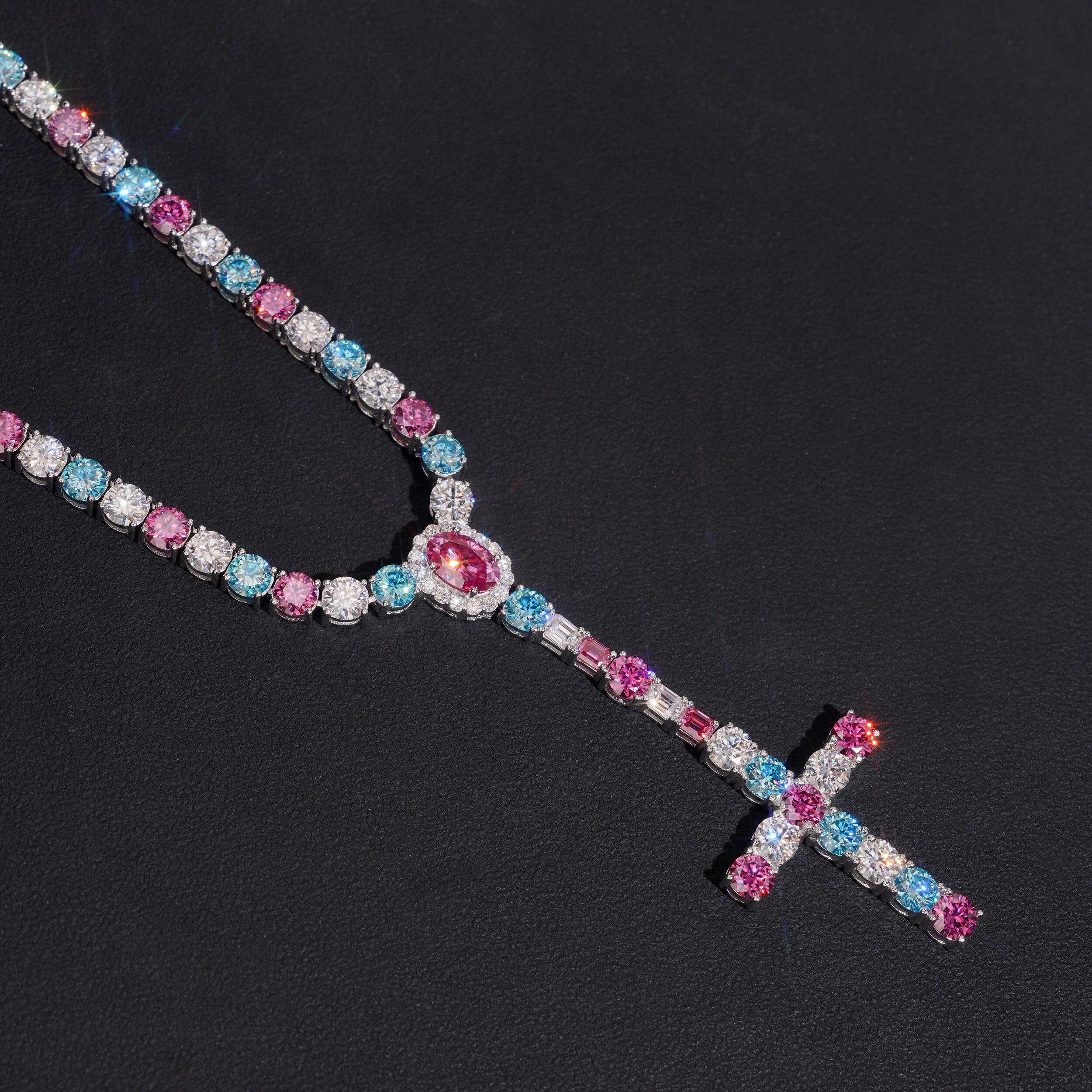 Three Color Mix Cross Tennis Rosary Necklace 5MM