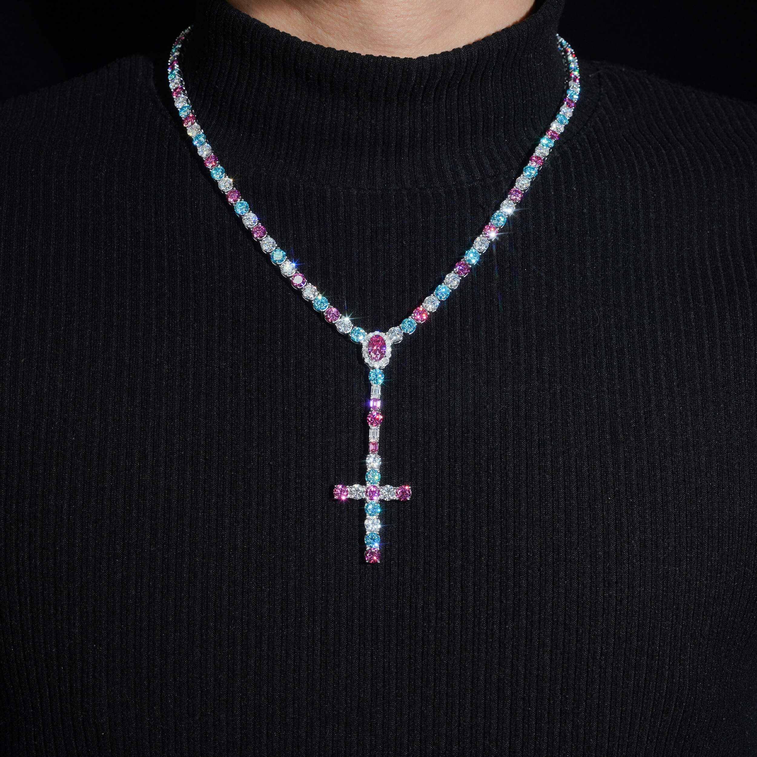 Three Color Mix Cross Tennis Rosary Necklace 5MM