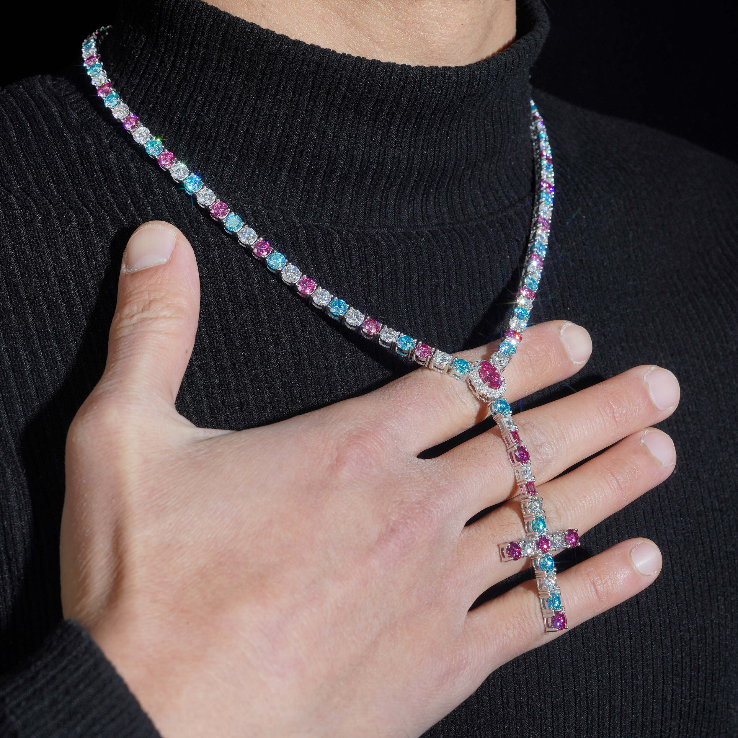 Three Color Mix Cross Tennis Rosary Necklace 5MM