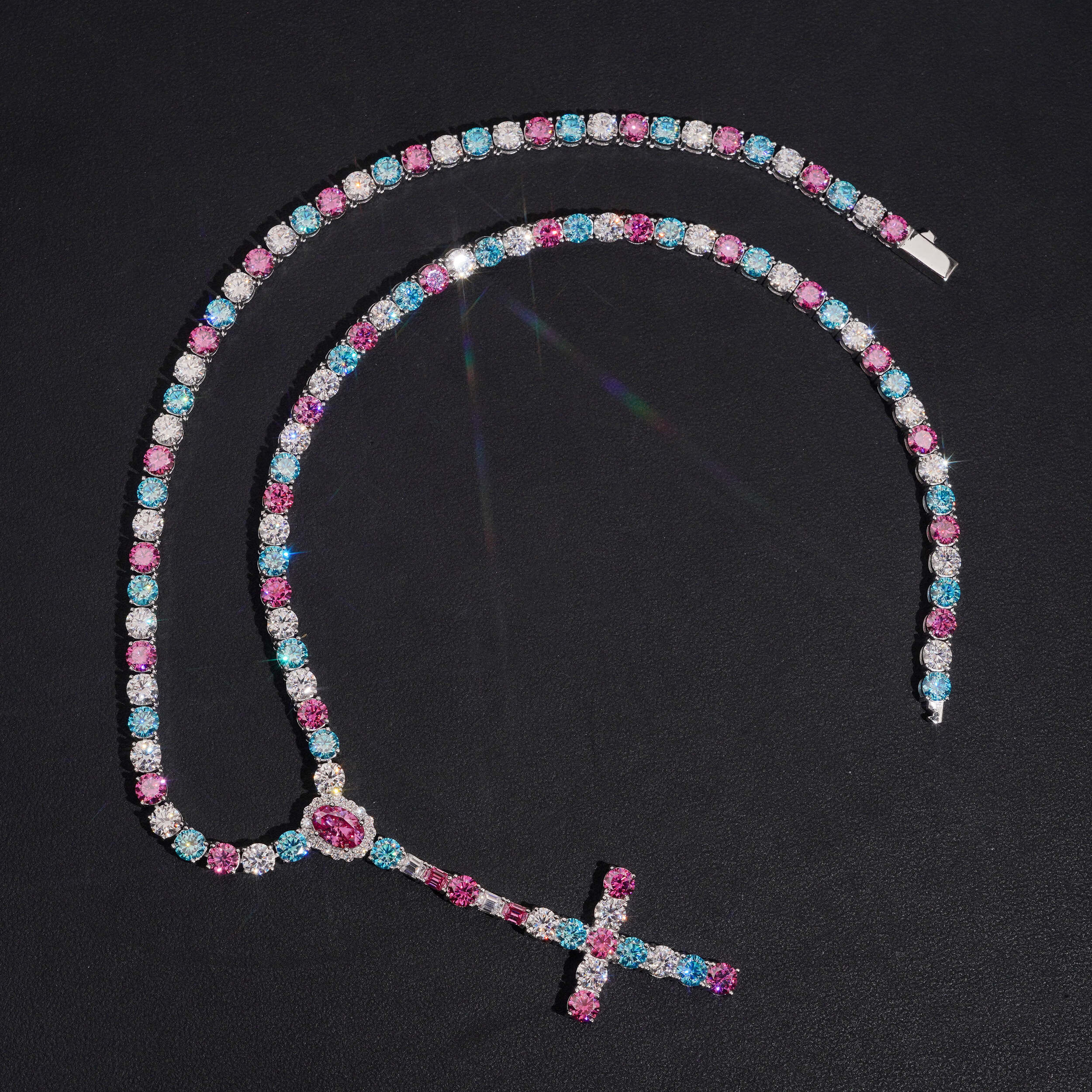 Three Color Mix Cross Tennis Rosary Necklace 5MM