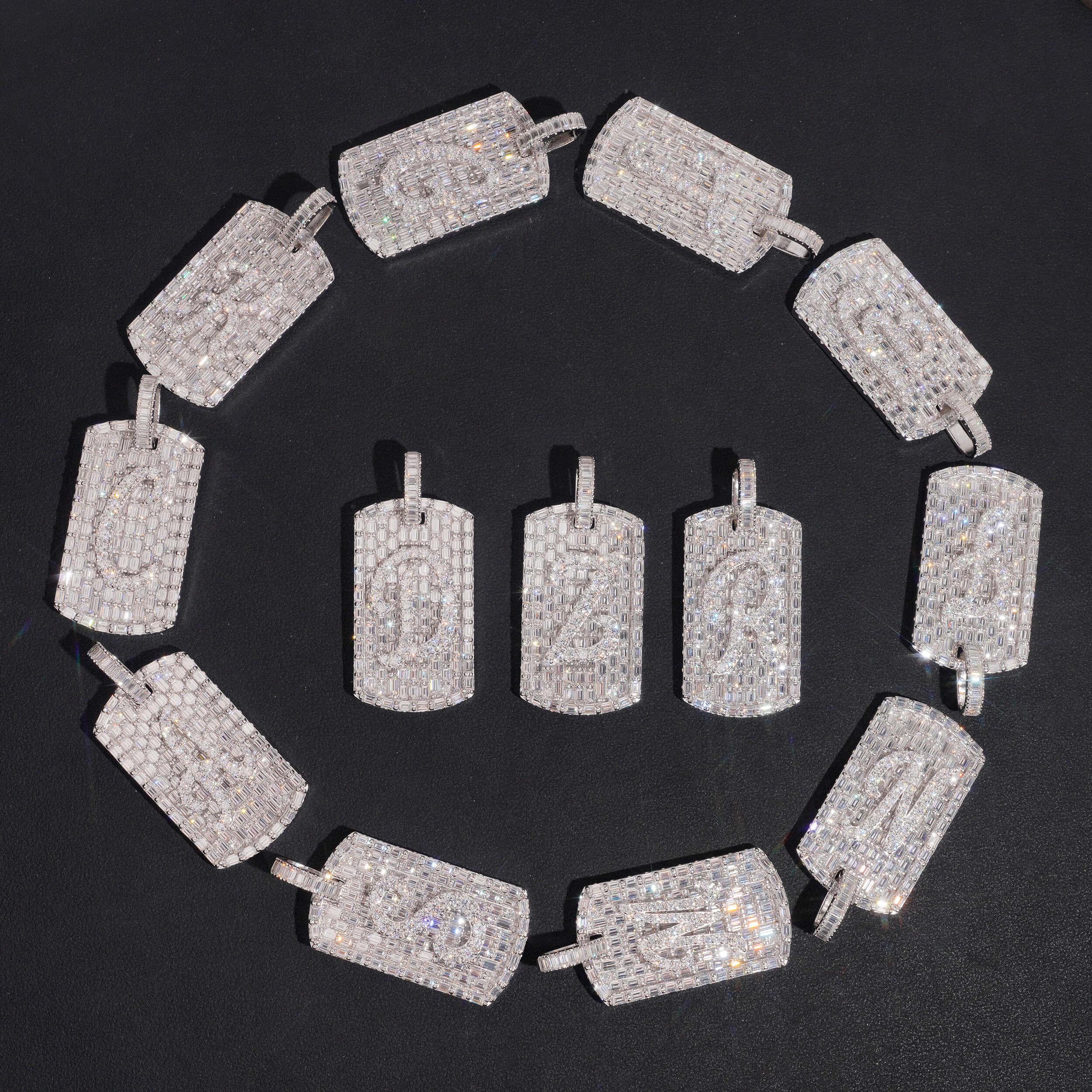 Baguette Deisgn Initial Dogtag Pendant VVS Moissanite Diamond