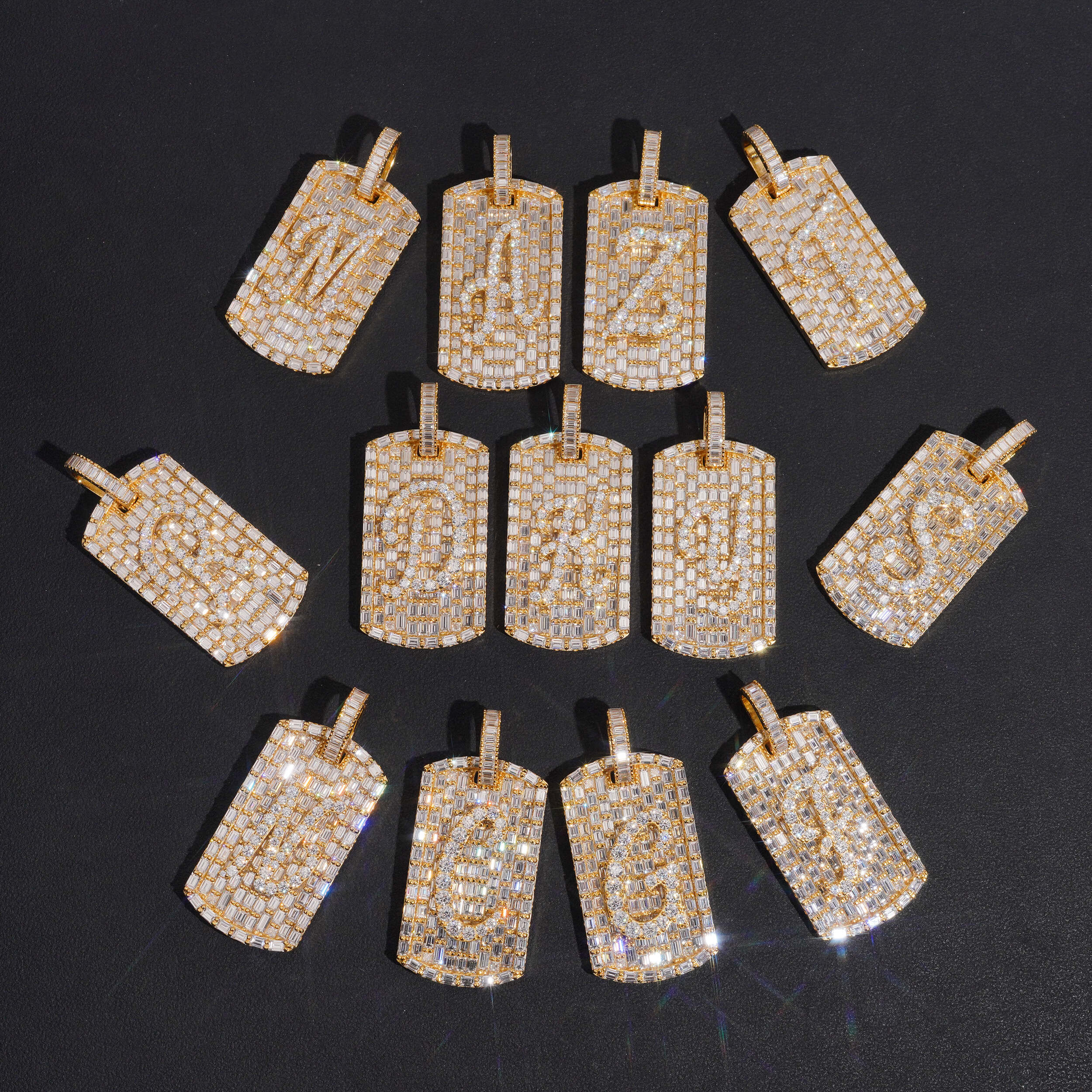 Baguette Deisgn Initial Dogtag Pendant VVS Moissanite Diamond