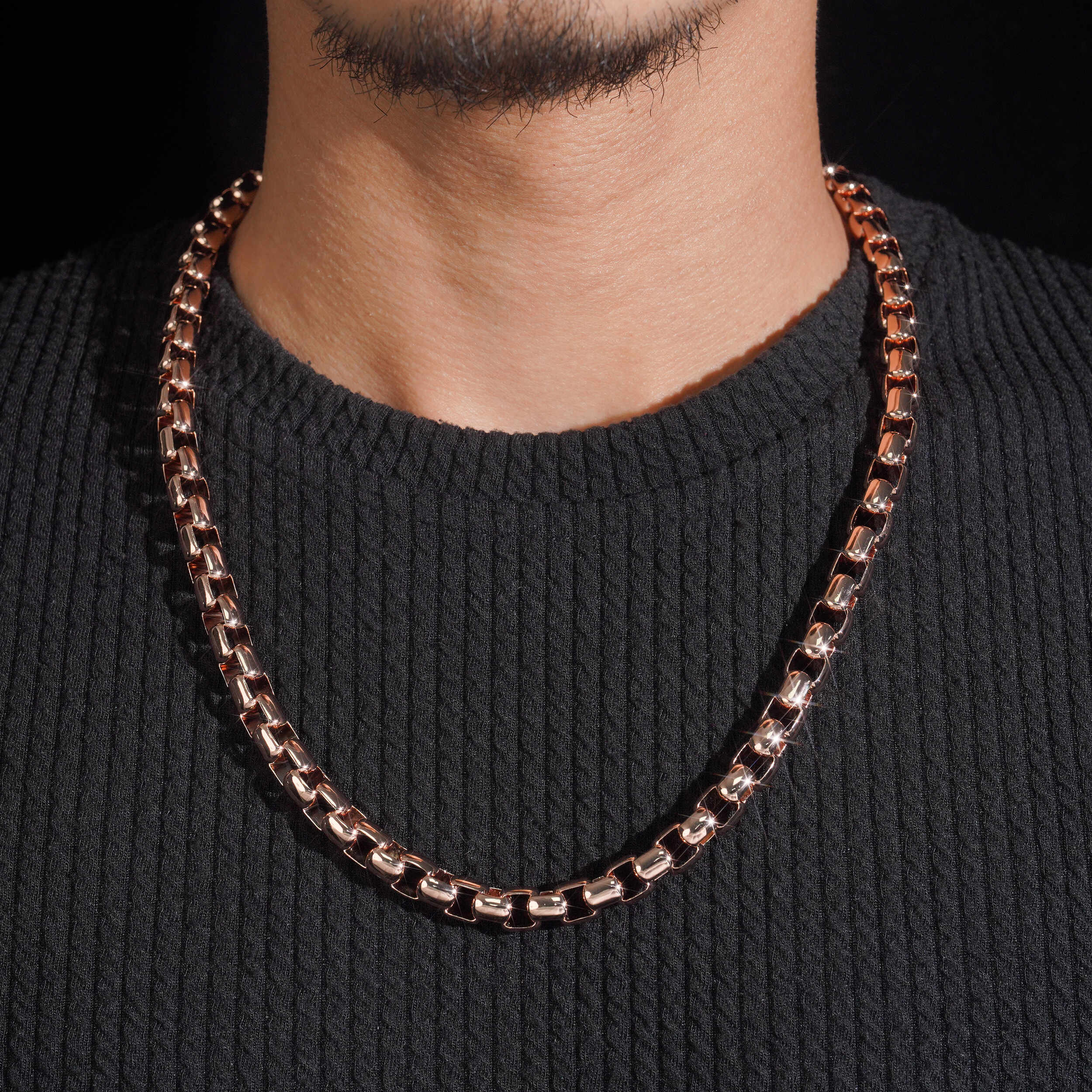 Rose Gold 8MM Pearl Box Link Chain With Iced Out Baguette Cut Moissanite Lock