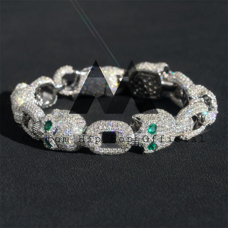 13MM Green Eyes Moissanite Skull Bracelet For Men Solid Silver Pass Diamond Tester Fully iced