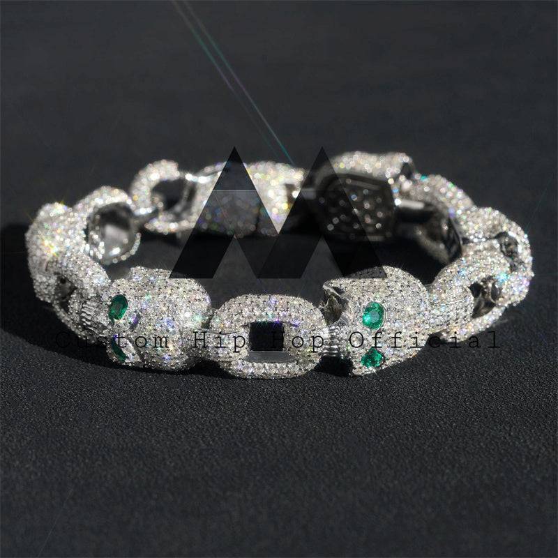 Pulseira de caveira moissanite de olhos verdes de 13mm para homens, testador de diamante de prata sólida totalmente gelado