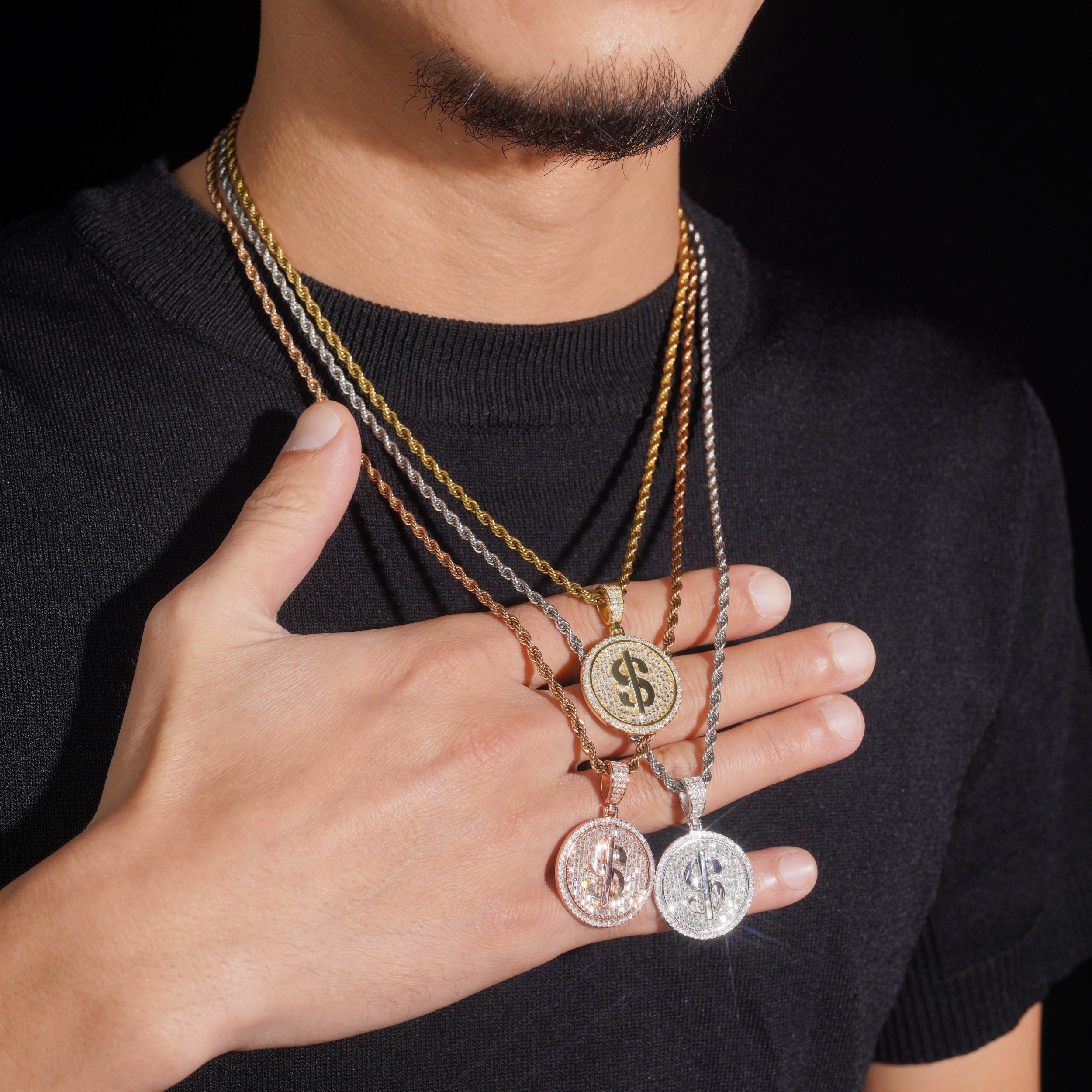 Circle Style VVS Baguette Cut Moissanite Diamond Dollar Sign Pendant