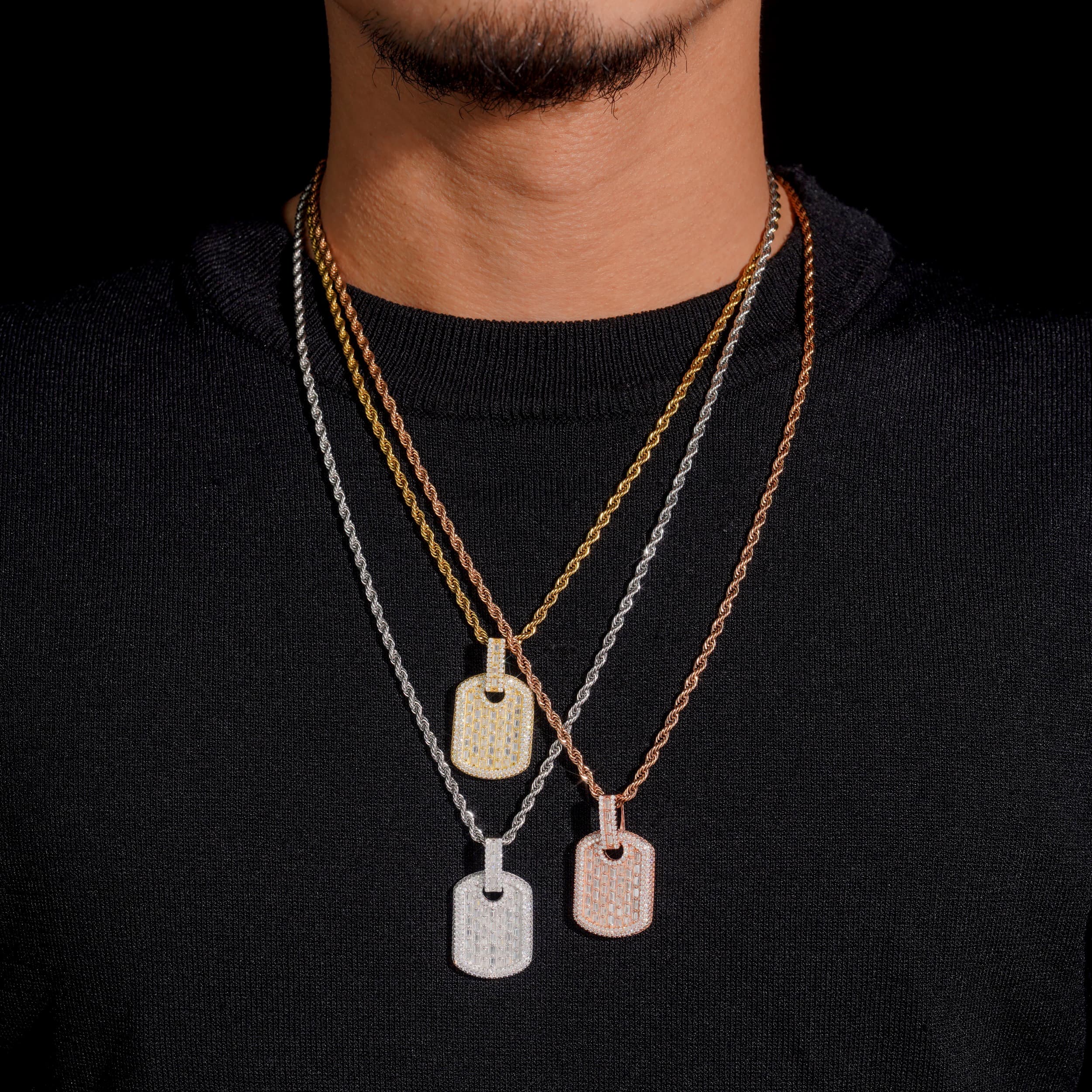 Mini Size Baguette Cut Moissanite Diamond Dog Tag Pendant