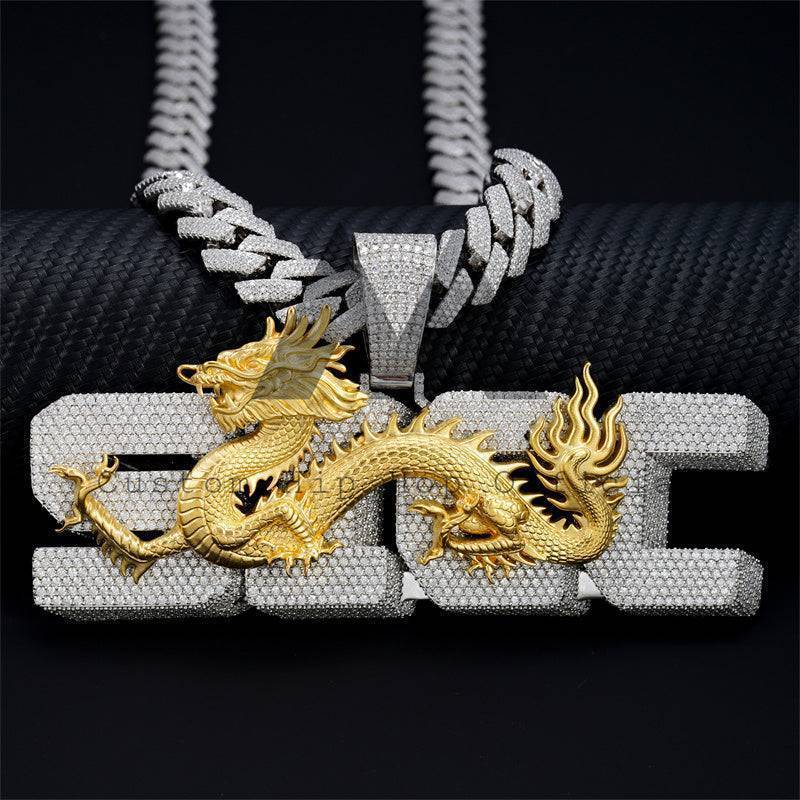 Luxury Style Iced Out Moissanite Diamond 4Inch Width Dragon 3D Iced Letter Initial Name Pendant Chain