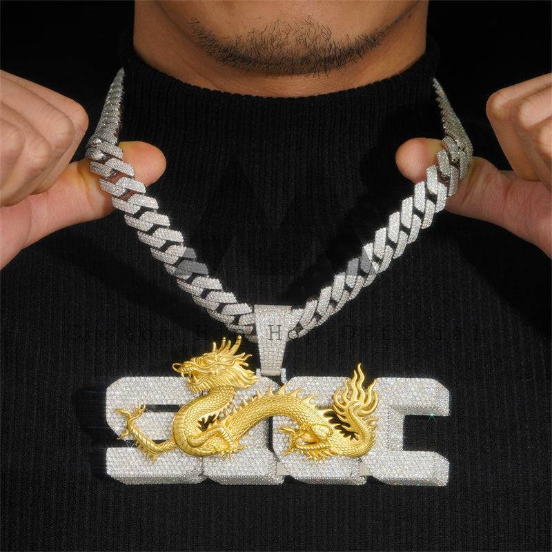 Luxury Style Iced Out Moissanite Diamond 4Inch Width Dragon 3D Iced Letter Initial Name Pendant Chain