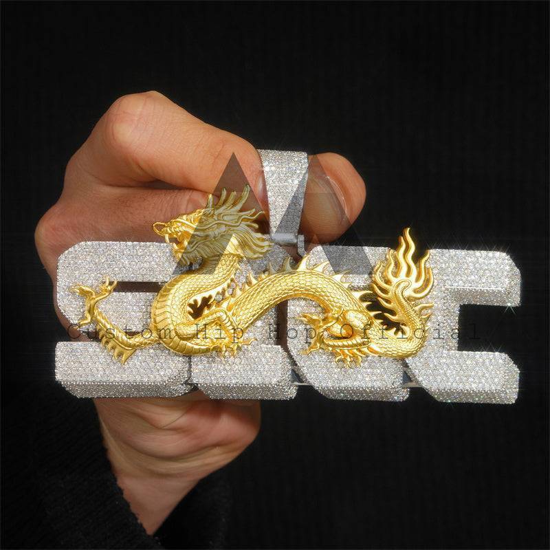 Luxury Style Iced Out Moissanite Diamond 4Inch Width Dragon 3D Iced Letter Initial Name Pendant Chain