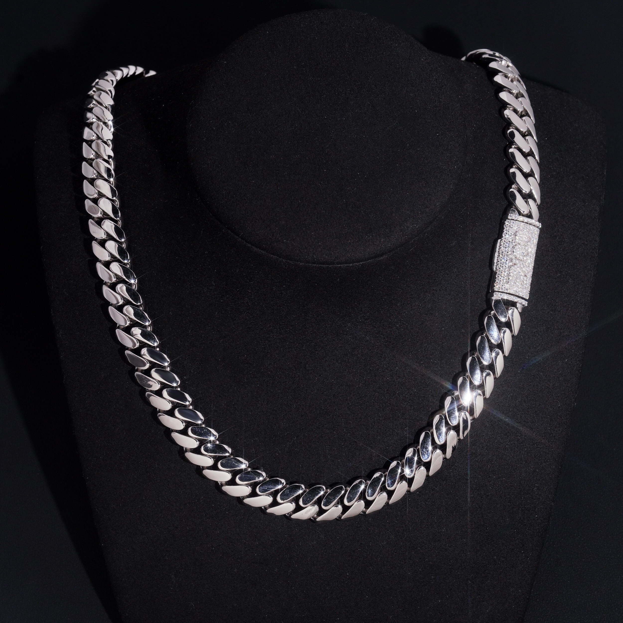 999 Silver Iced Out Plain Design 12MM Miami Cuban Link Necklace With Moissanite Name Clasp