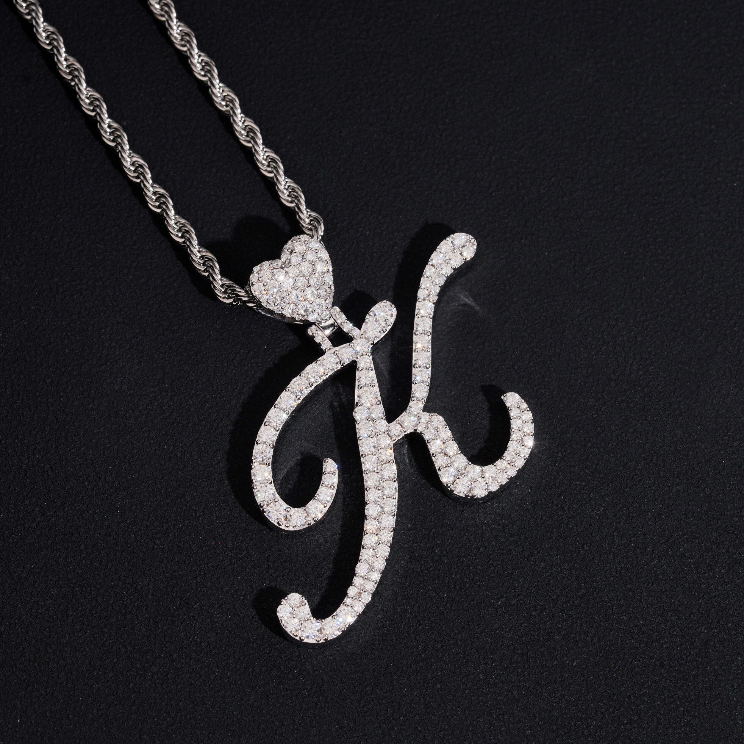 Solid Silver 925 VVS Moissanite Diamond Custom Heart Bail Initial K Pendant Match 3MM Rope Chain