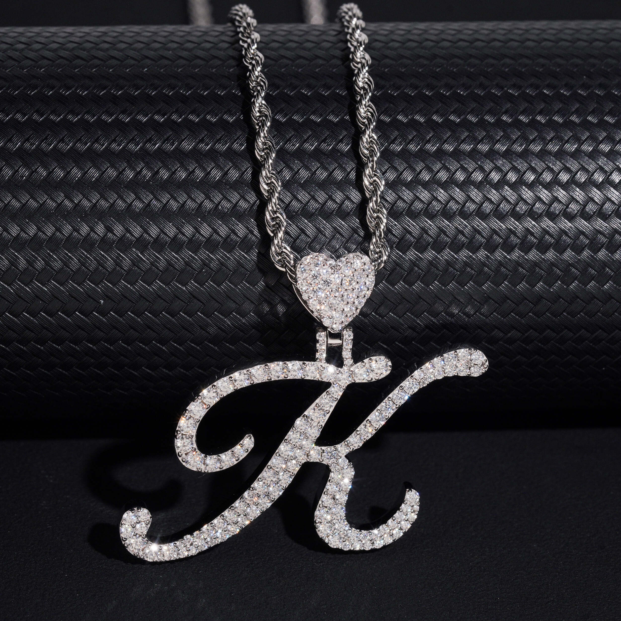 Solid Silver 925 VVS Moissanite Diamond Custom Heart Bail Initial K Pendant Match 3MM Rope Chain