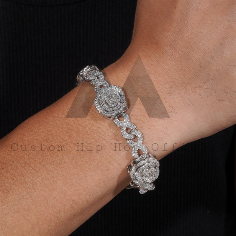 Sterling Silver 925 Rose Flower Infinity Link Bracelet with VVS Moissanite Diamond Hip Hop Jewelry for Men and Women