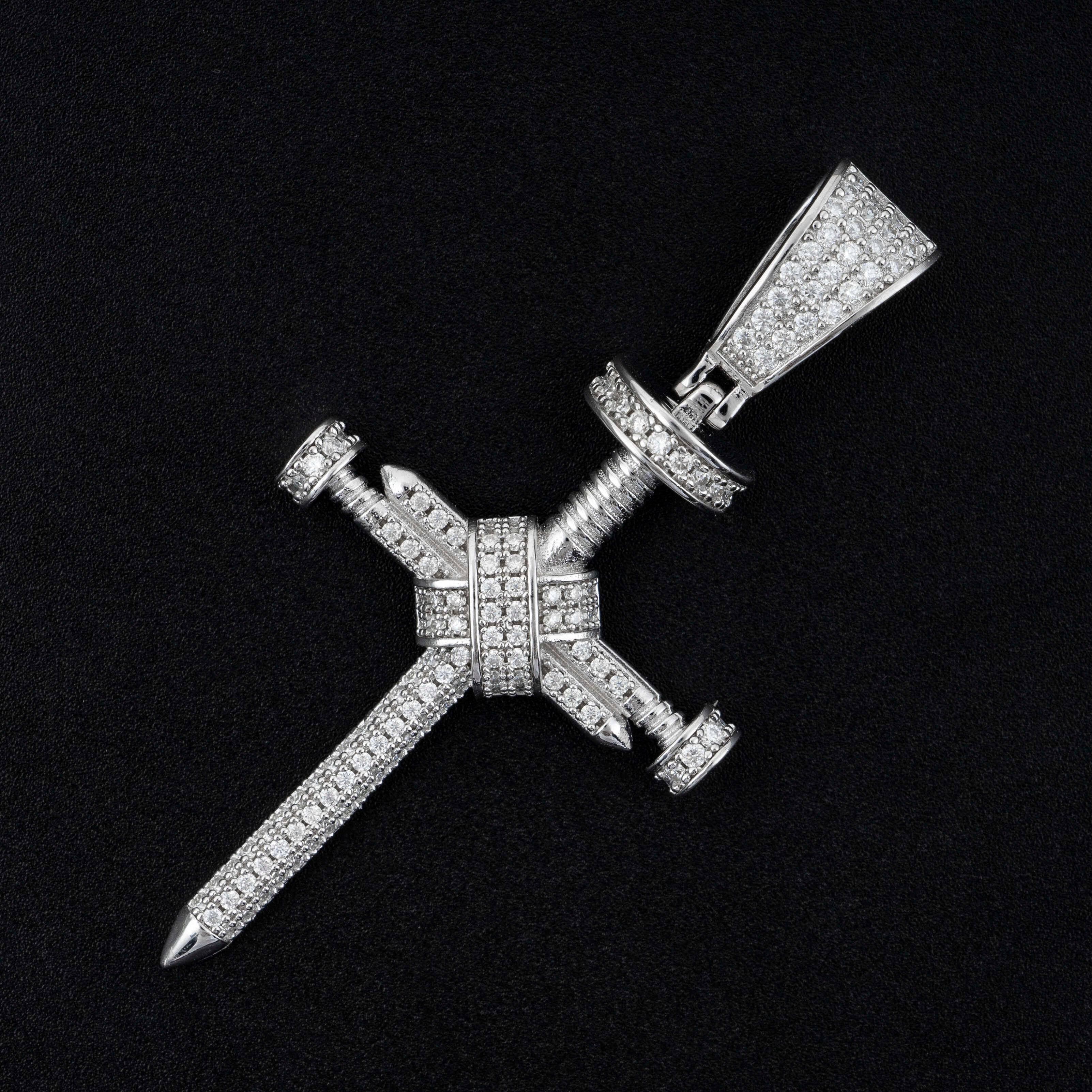 Hip hop jewelry featuring solid silver white gold plated moissanite nail cross pendant that passes diamond tester for men0