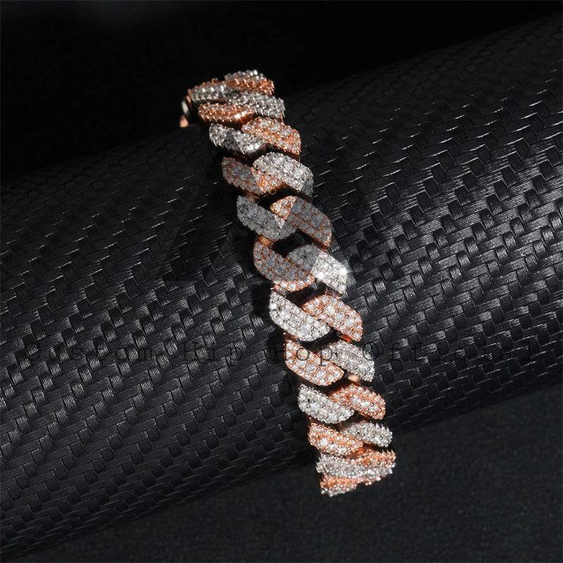 Hip hop jewelry featuring Three Rows Link 13MM Iced Out Moissanite Cuban Link Chain with Rose Gold Two Tone Plating3