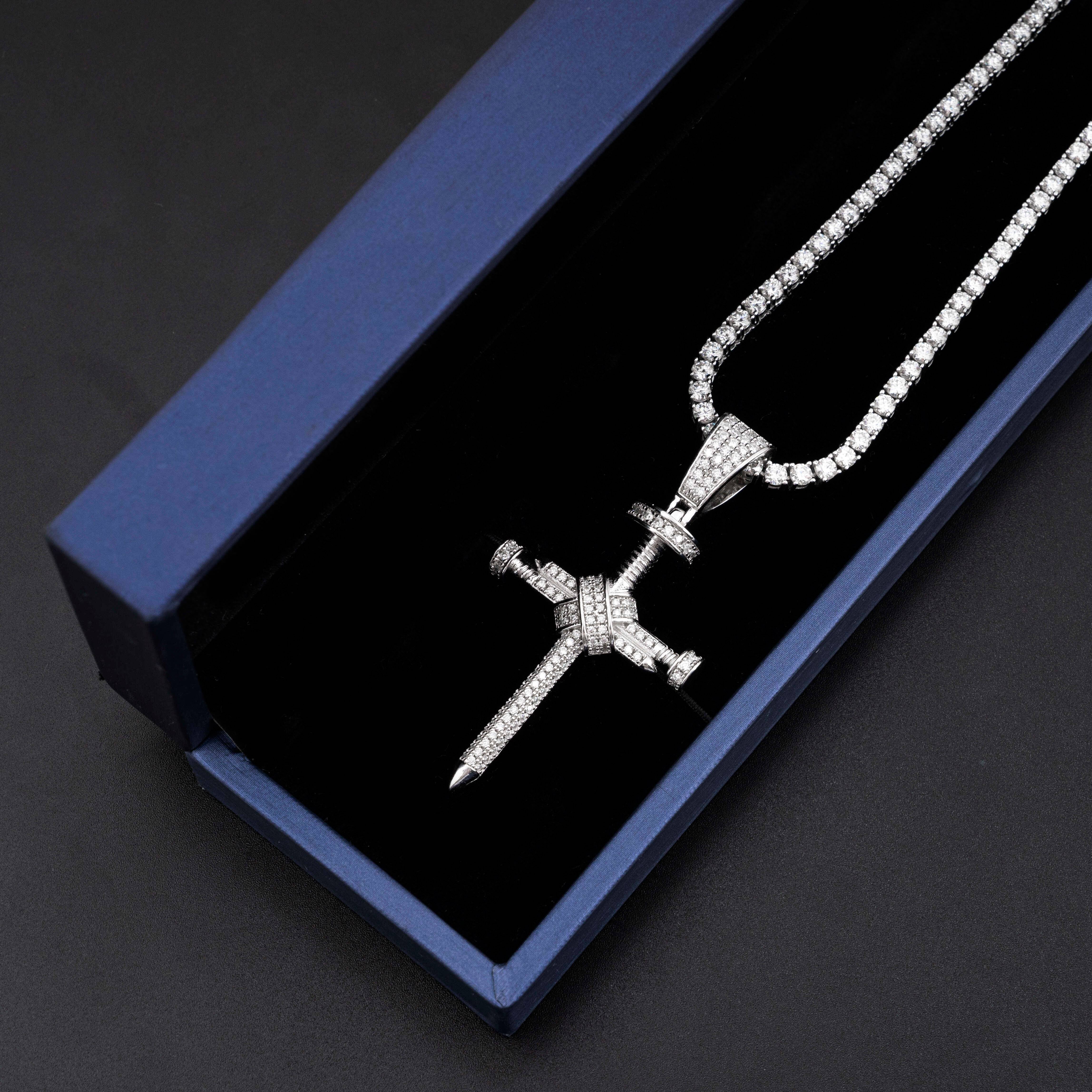 Hip hop jewelry featuring solid silver white gold plated moissanite nail cross pendant that passes diamond tester for men1