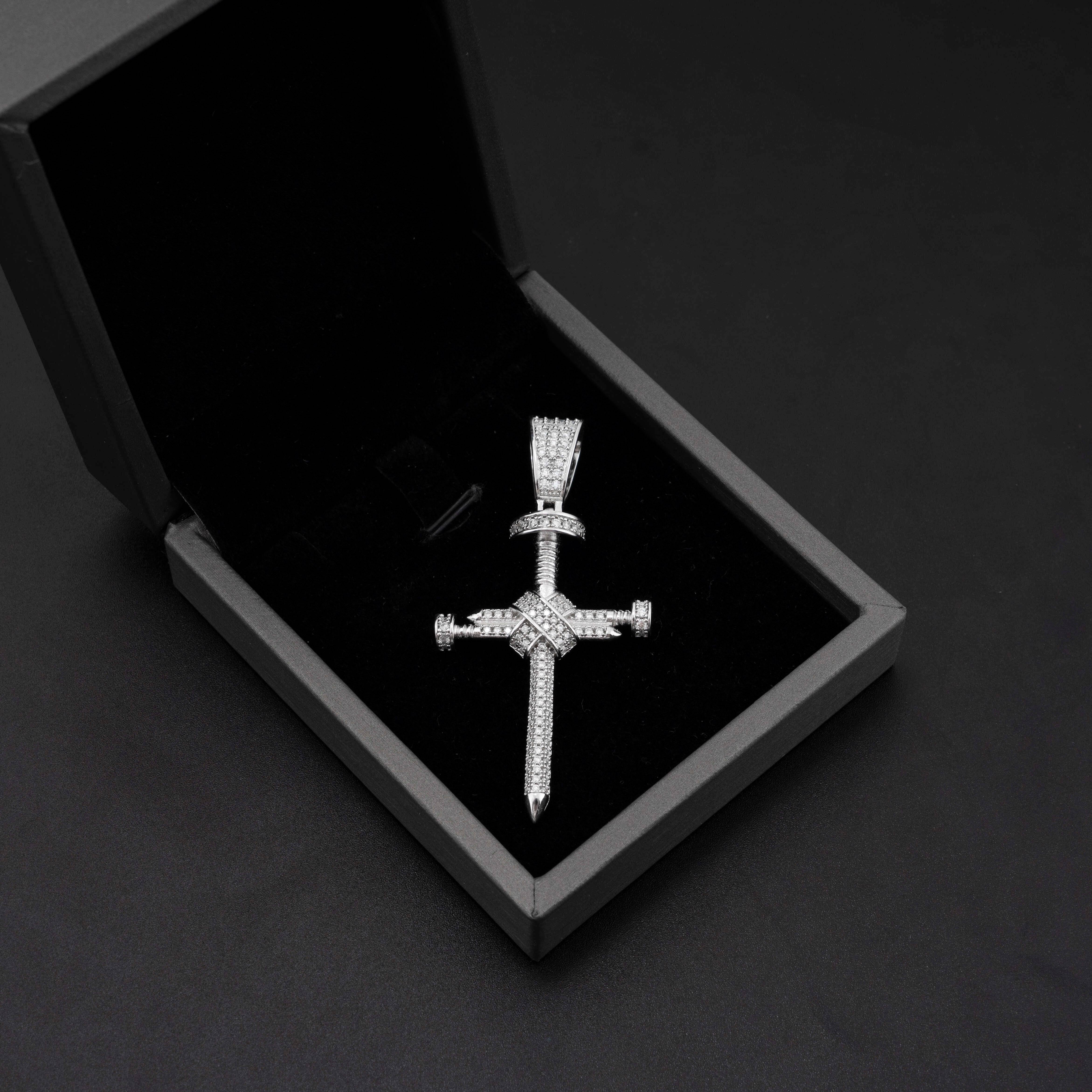 Hip hop jewelry featuring solid silver white gold plated moissanite nail cross pendant that passes diamond tester for men3