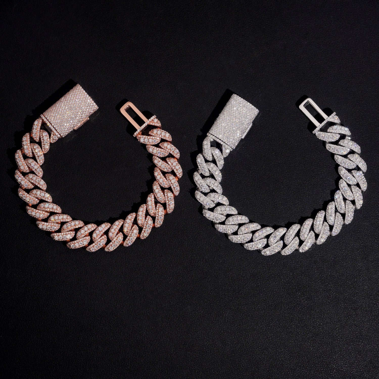 15MM Raised Stone Three Rows Moissanite Cuban Link Bracelet