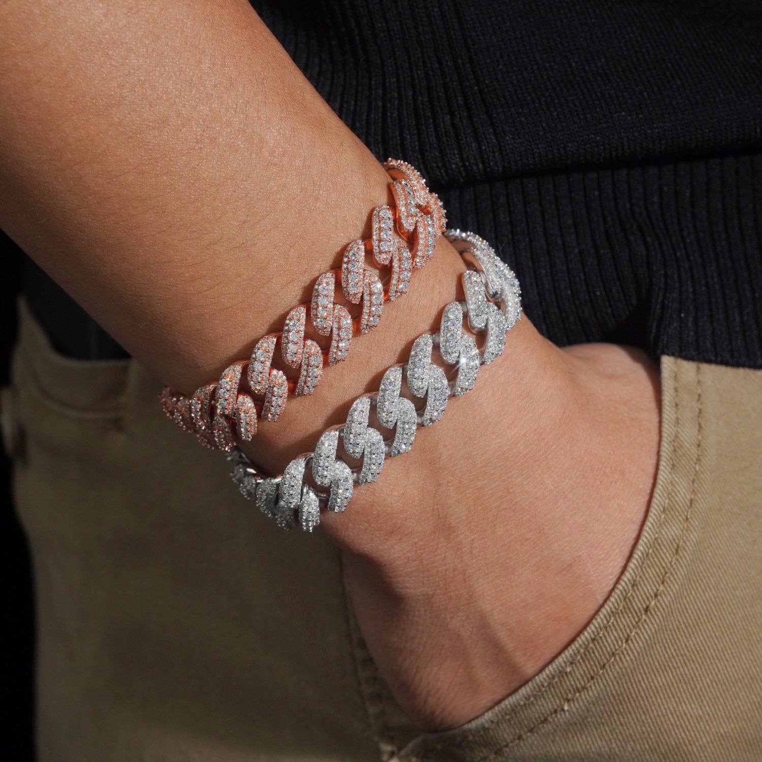 15MM Raised Stone Three Rows Moissanite Cuban Link Bracelet