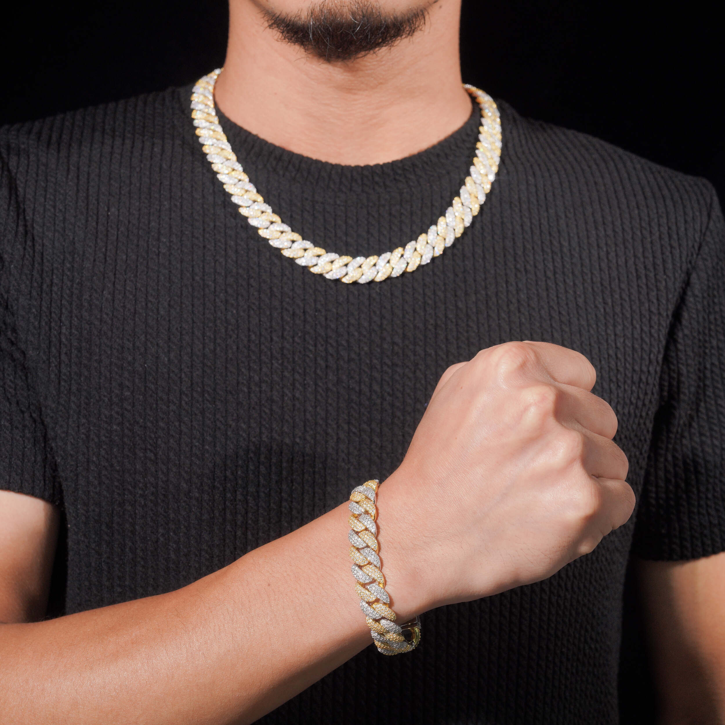 12MM Yellow Gold Two Tone Iced Out Moissanite Diamond Cuban Chain Necklace